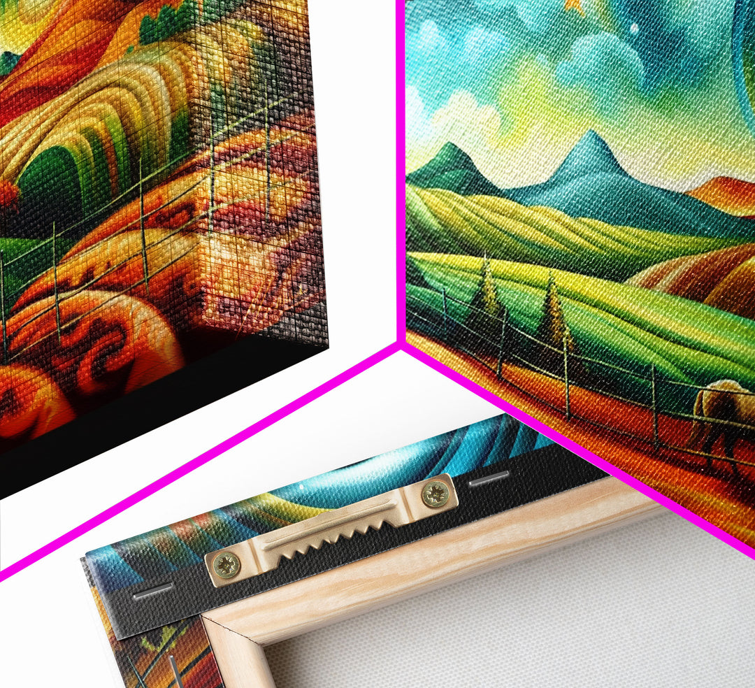 Colorful Abstract Farm Landscape with Rolling Hills, Perfect Wall Art, Framed Canvas Print Living Room or Bedroom Decor, Vibrant Nature Art