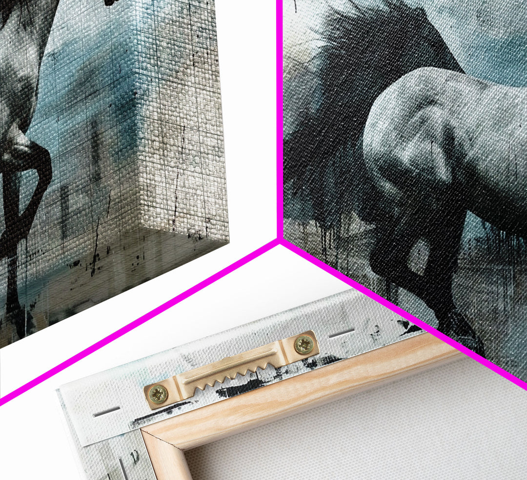 Black and White Horses Running in Abstract Landscape, Ideal Wall Art, Framed Canvas Print for Living Room or Bedroom Decor, Colorful Art