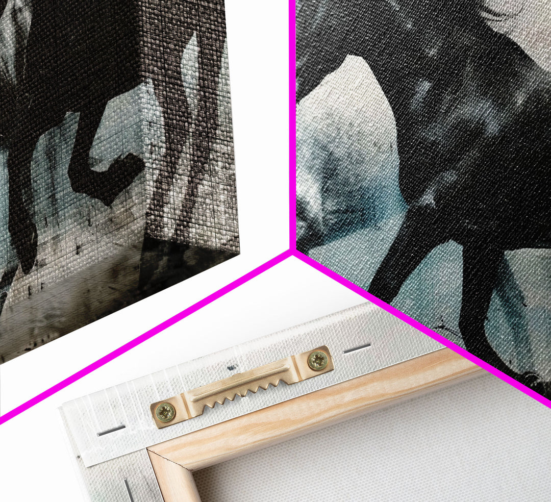 Galloping Horses in Monochrome Abstract Landscape, Perfect Wall Art, Framed Canvas Print for Living Room or Bedroom Decor, Equestrian Art