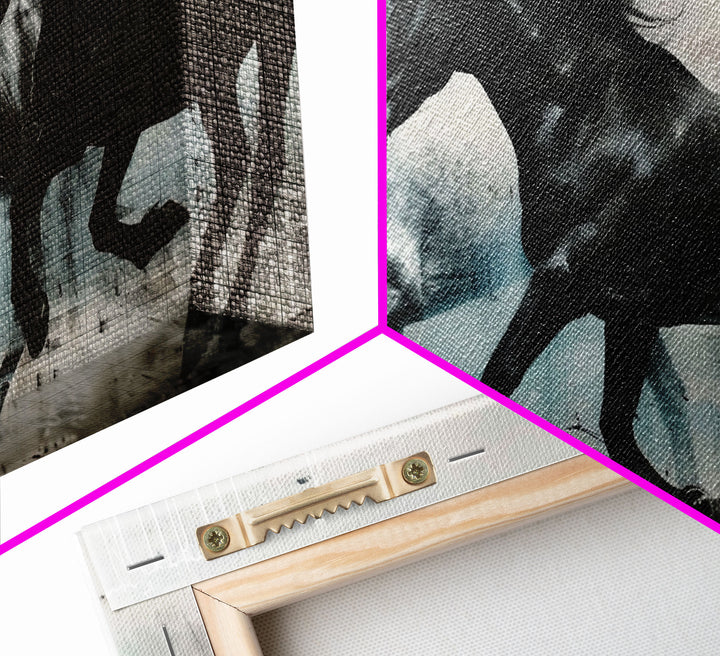 Galloping Horses in Monochrome Abstract Landscape, Perfect Wall Art, Framed Canvas Print for Living Room or Bedroom Decor, Equestrian Art