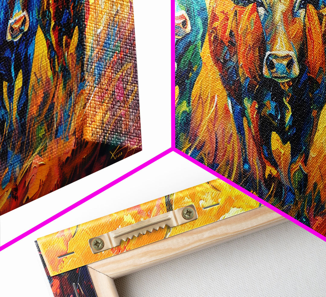 Colorful Herd of Cattle, Ideal for Living Room Art, Framed Canvas Print, Bedroom Decor, Home Decoration, Rustic Farmhouse Art
