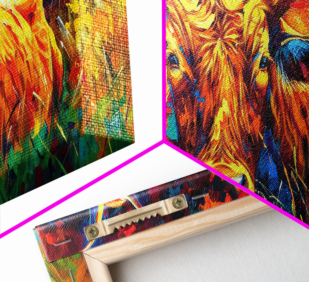 Herd of Cattle in Bright Colors, Ideal for Living Room Art, Framed Canvas Print, Bedroom Decor, Home Decoration, Contemporary Farmhouse Art