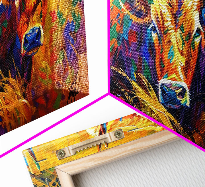 Expressive Cattle in Bright Colors, Ideal for Living Room Art, Framed Canvas Print, Bedroom Decor, Home Decoration, Unique Farmhouse Decor