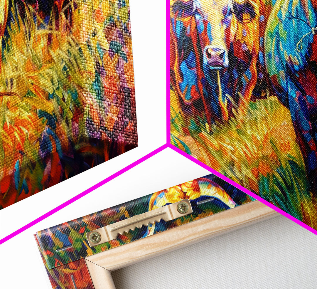 Beautiful Herd of Cattle in Colorful Style, Living Room Art, Framed Canvas Print, Bedroom Decor, Home Decoration, Artistic Farmhouse Decor