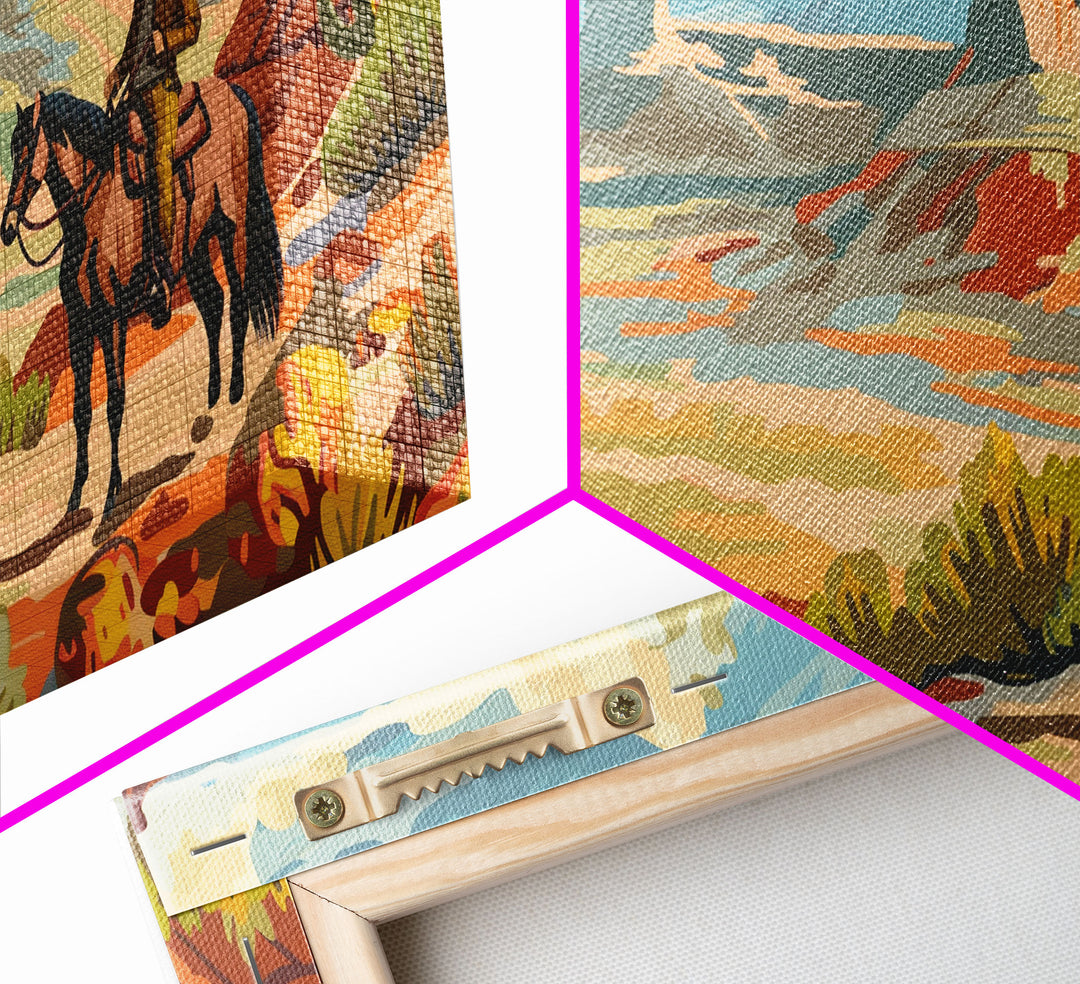 Cowboy Riding through Canyon, Framed Canvas Print for Rustic Living Room Decor, Western Art for Home and Bedroom Decoration