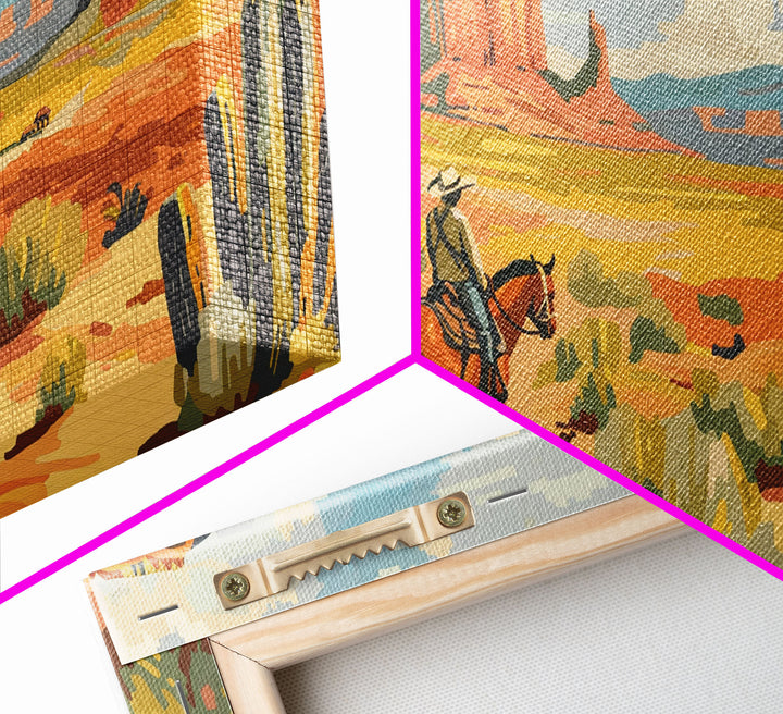 Cowboy in Desert Valley, Framed Canvas Print for Rustic Living Room Decor, Western Art for Home and Bedroom Decoration