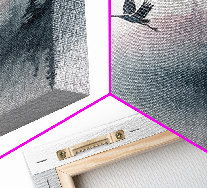 Monochrome Ink Crane Composition Framed Canvas Print, Wall Art, Abstract Art, Living Room Decor, Watercolor Art, WAL-1x1-24