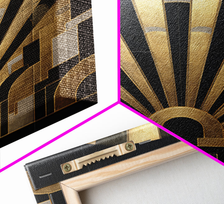 Art Deco Gold Fan Pattern Framed Canvas Print, Wall Art, Canvas Wall Art, Living Room Decor, Fine Art, Statement Artwork, WAL-1x1-68