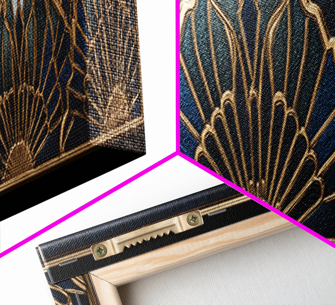 Art Deco Gold Fan Pattern Framed Canvas Print, Wall Art, Digital Print, Living Room Decor, Fine Art, Luxury Decor, WAL-3x1-12