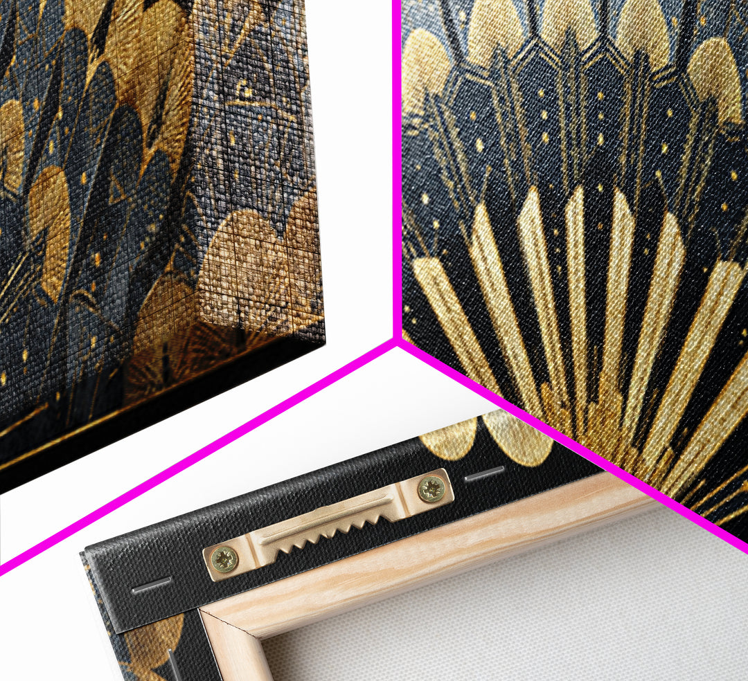 Art Deco Gold Fan Pattern Framed Canvas Print, Wall Art, Painting, Living Room Decor, Fine Art, Wall Hanging, WAL-3x1-84