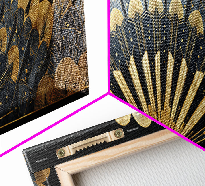 Art Deco Gold Fan Pattern Framed Canvas Print, Wall Art, Painting, Living Room Decor, Fine Art, Wall Hanging, WAL-3x1-84