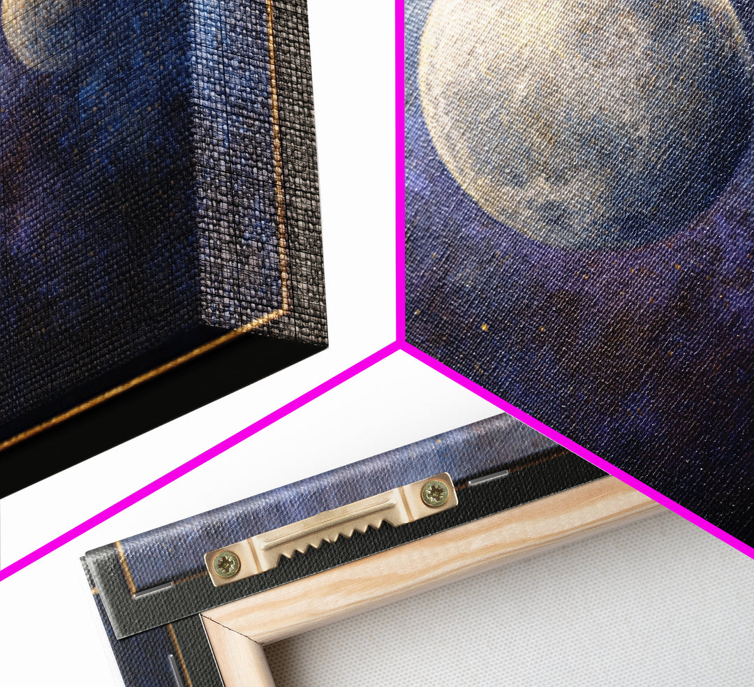 Celestial Moon and Stars Artwork Framed Canvas Print, Wall Art, Digital Print, Living Room Decor, Fine Art, Luxury Decor, WAL-3x2-90