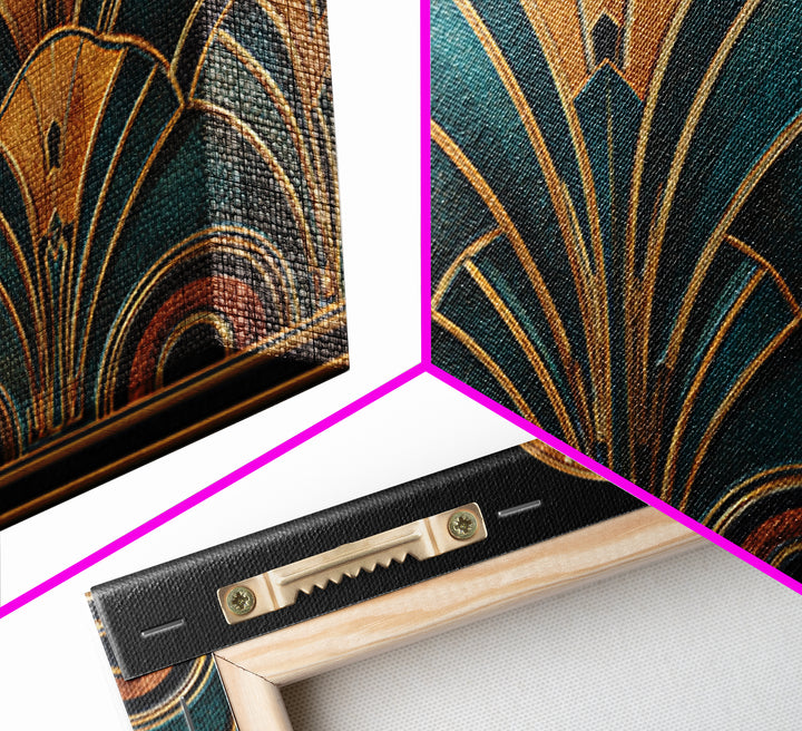 Art Deco Gold Fan Pattern Framed Canvas Print, Wall Art, Painting, Living Room Decor, Fine Art, Wall Hanging, WAL-3x2-96