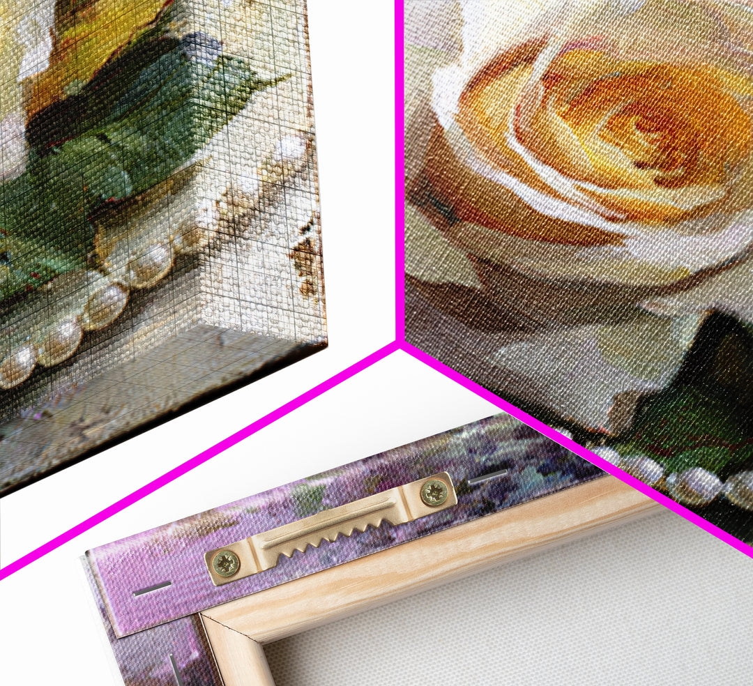 Pearl Necklace and Rose Still Life Canvas Print, Wedding Art, Framed Art, Living Room Decor, Watercolor Art, Romance, WED-1x1-36
