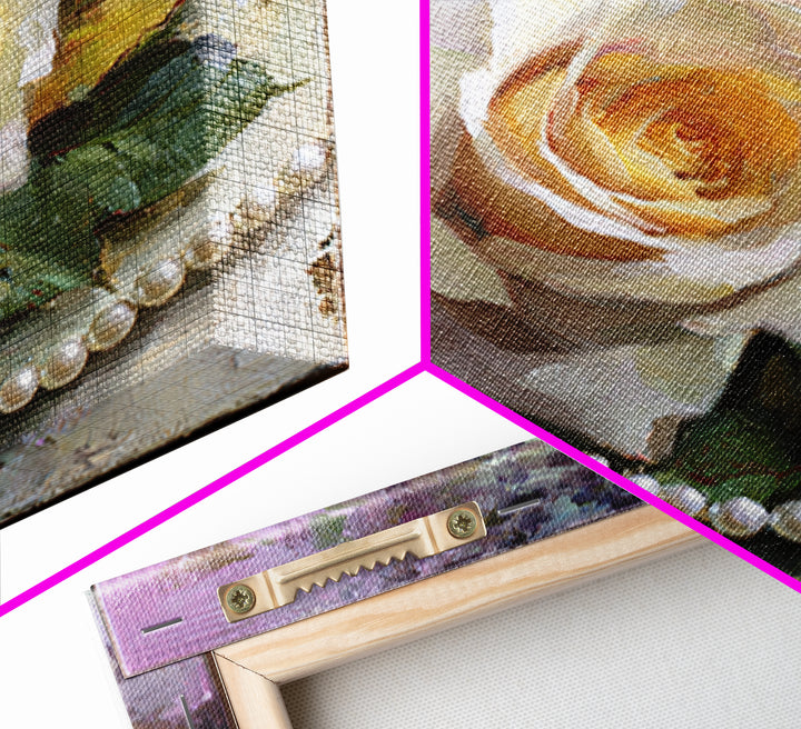 Pearl Necklace and Rose Still Life Canvas Print, Wedding Art, Framed Art, Living Room Decor, Watercolor Art, Romance, WED-1x1-36