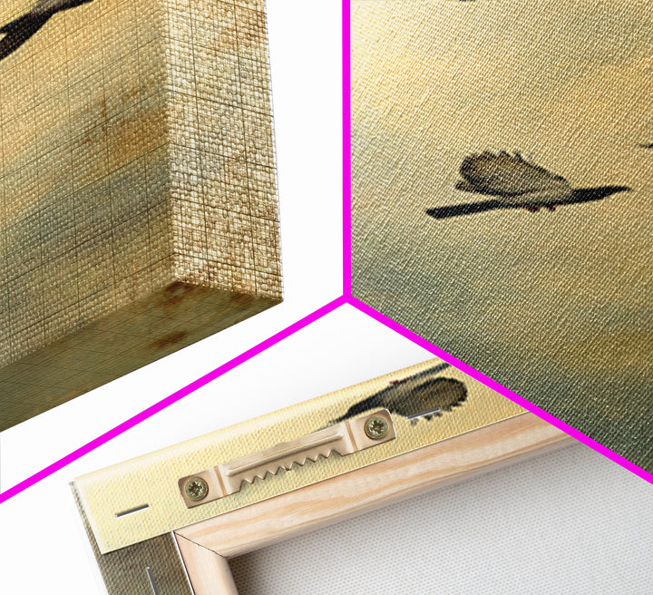 Doves Flying Through Soft Golden Light Framed Canvas Print, Wedding Art, Minimalist Decor, Living Room Decor, Fine Art, Romance, WED-1x3-47