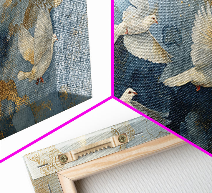 Doves Flying Through Soft Golden Light Framed Canvas Print, Wedding Art, Custom Painting, Living Room Decor, Fine Art, Romance, WED-2x1-55