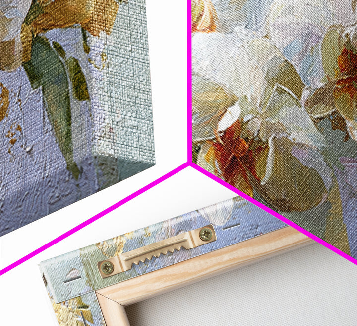 White Orchid and Gold Ribbon Composition Framed Canvas Print, Wedding Art, Custom Wedding Gift, Living Room Decor, Oil Painting, WED-2x1-92