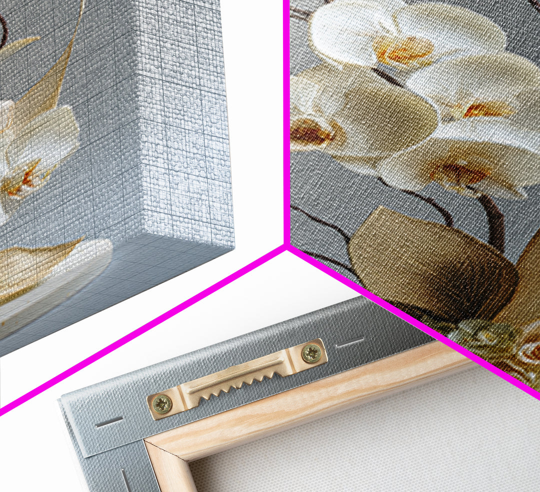 White Orchid and Gold Ribbon Composition Framed Canvas Print, Wedding Art, Custom Art, Living Room Decor, Oil Painting, Romance, WED-2x3-8