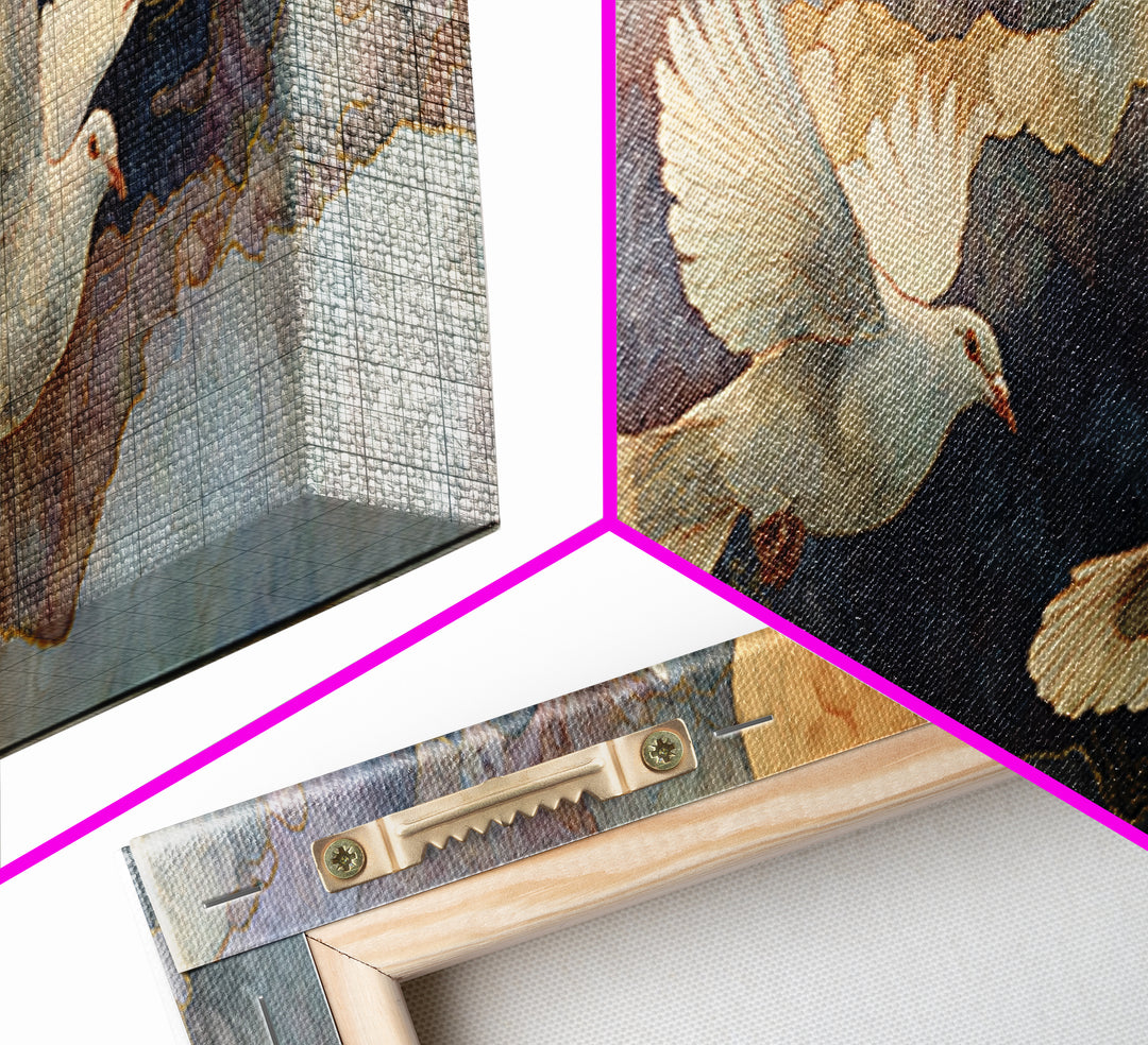 Doves Flying Through Soft Golden Light Framed Canvas Print, Wedding Art, Neutral Decor, Living Room Decor, Fine Art, Romance, WED-3x1-27