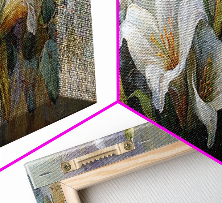 White Lilies and Eucalyptus Arrangement Canvas Print, Wedding Art, Custom Wedding Gift, Living Room Decor, Abstract Art, WED-3x1-49