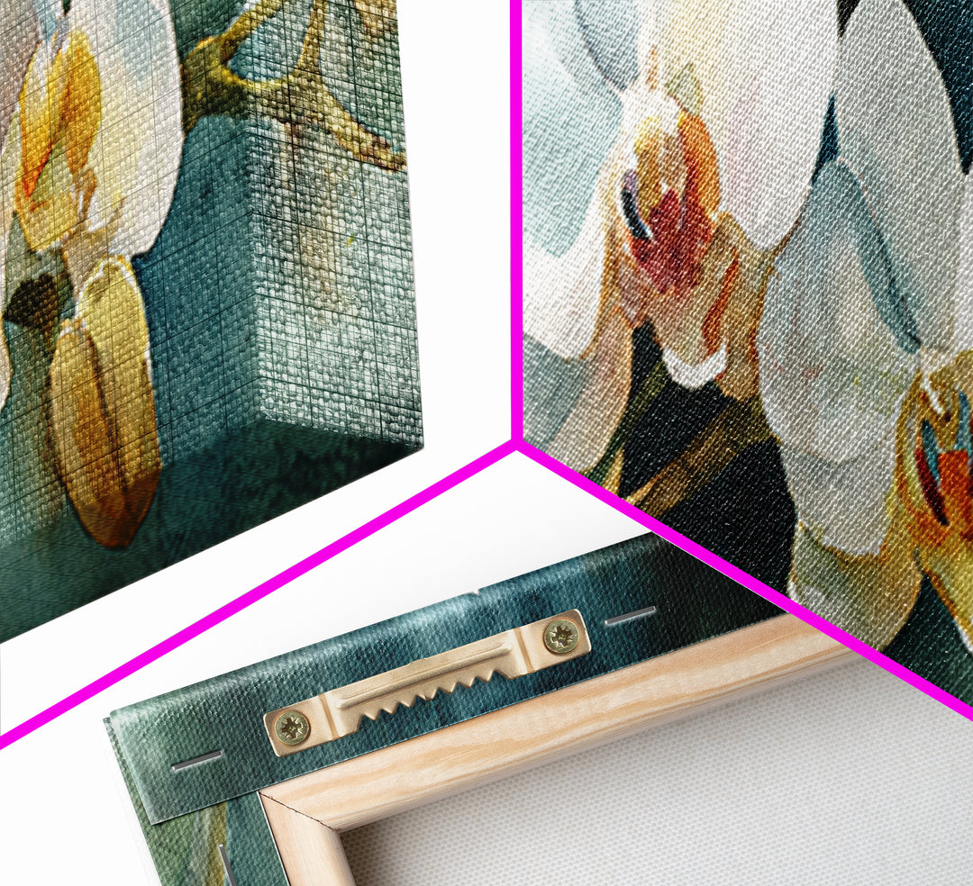 White Orchid and Gold Ribbon Composition Canvas Print, Wedding Art, Textured Painting, Living Room Decor, Oil Painting, Romance, WED-3x1-88