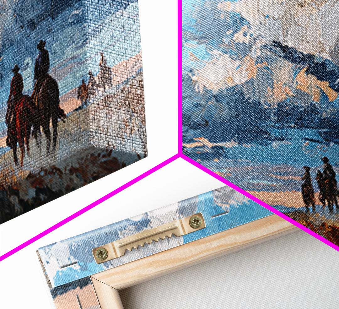 Cowboy Campfire under Starry Sky Framed Canvas Print, Western Art, Contemporary Art, Southwestern Decor, Fine Art, Frontier, WES-2x1-10