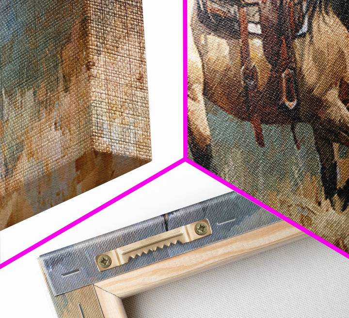 Buckskin Horse in Golden Prairie Light Framed Canvas Print, Western Art, Boho Decor, Southwestern Decor, Oil Painting, Frontier, WES-2x1-27