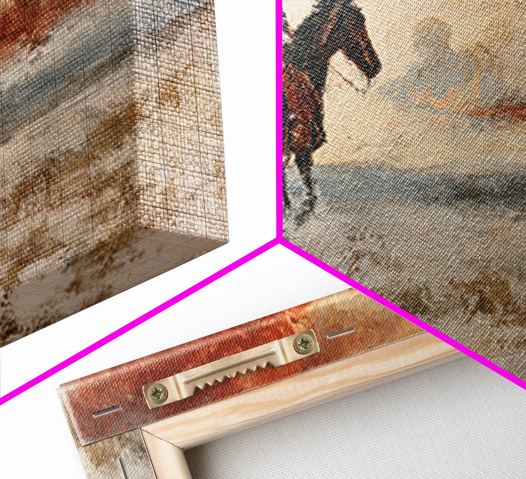 Cowboy Riding Across Dusty Sunset Plains Framed Canvas Print, Western Art, Western Decor, Southwestern Decor, Frontier, WES-2x1-45