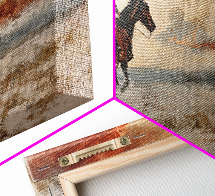 Cowboy Riding Across Dusty Sunset Plains Framed Canvas Print, Western Art, Western Decor, Southwestern Decor, Frontier, WES-2x1-45