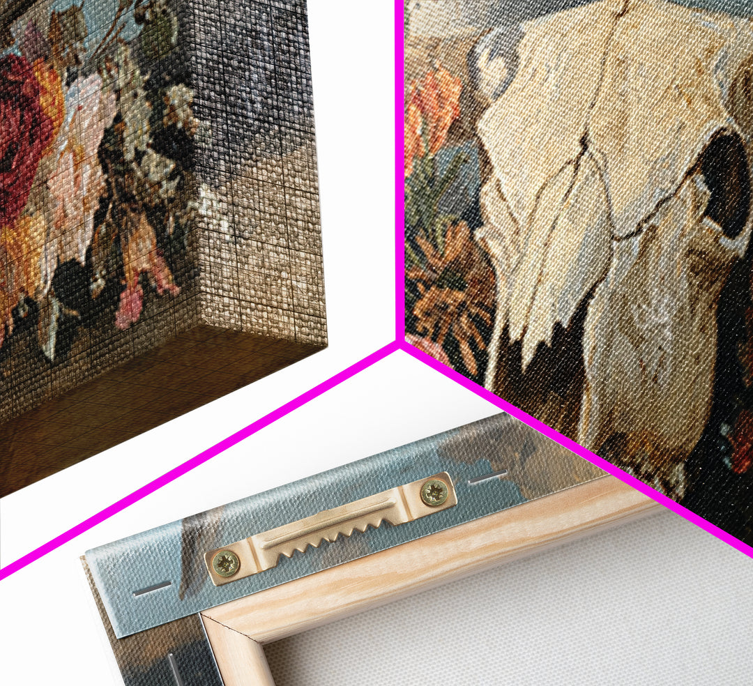 Longhorn Skull with Desert Flowers Framed Canvas Print, Western Art, Neutral Decor, Southwestern Decor, Oil Painting, Frontier, WES-2x1-95