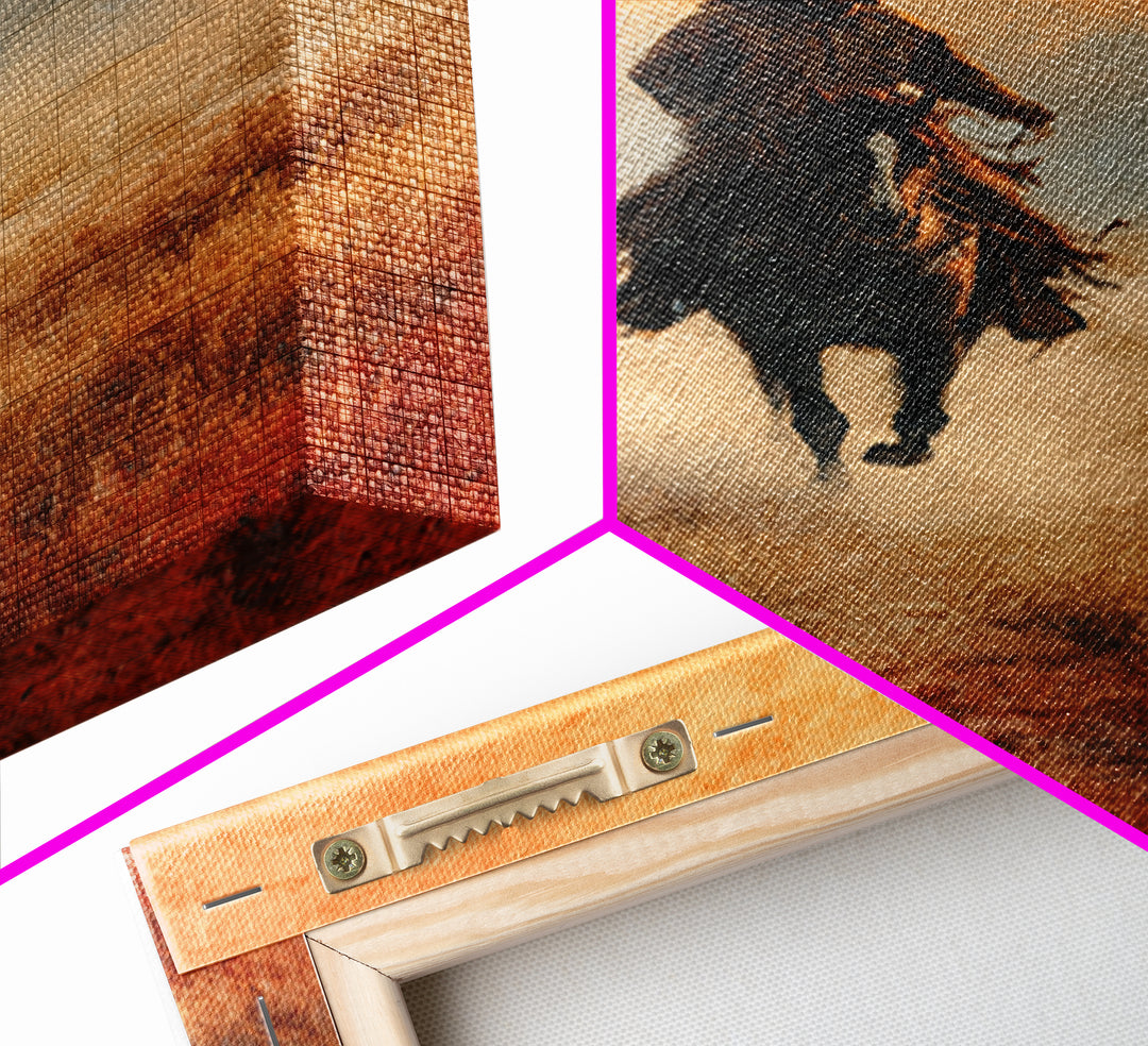 Cowboy Riding Across Dusty Sunset Plains Canvas Print, Western Art, Landscape Painting, Southwestern Decor, Frontier, WES-2x3-33