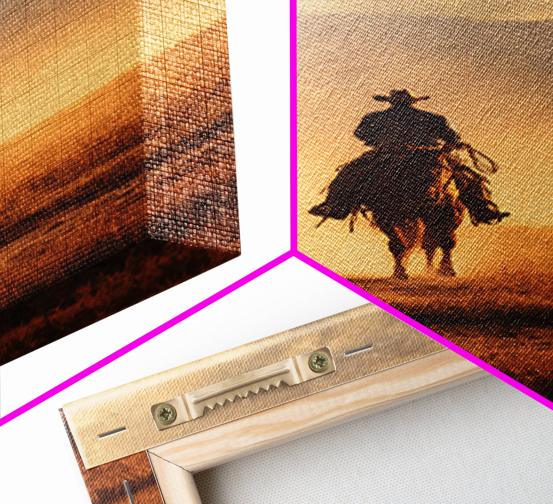 Cowboy Riding Across Dusty Sunset Plains Canvas Print, Western Art, Native American Art, Southwestern Decor, Oil Painting, WES-2x3-57