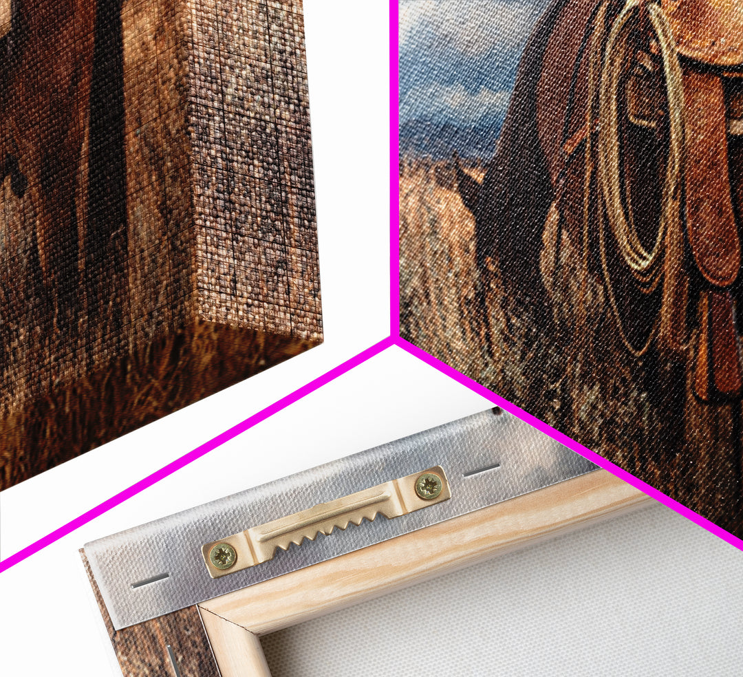 Western Saddle and Rope on Weathered Wood Framed Canvas Print, Western Art, Printable Art, Southwestern Decor, Frontier, WES-3x1-2