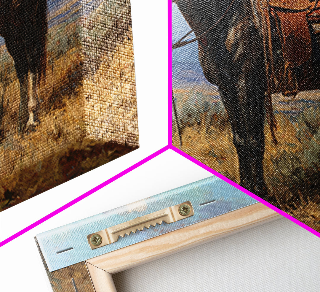Black Horse Portrait Framed Canvas Print, Western Art, Landscape, Southwestern Decor, Fine Art, Frontier, Modern Decor, WES-3x2-46