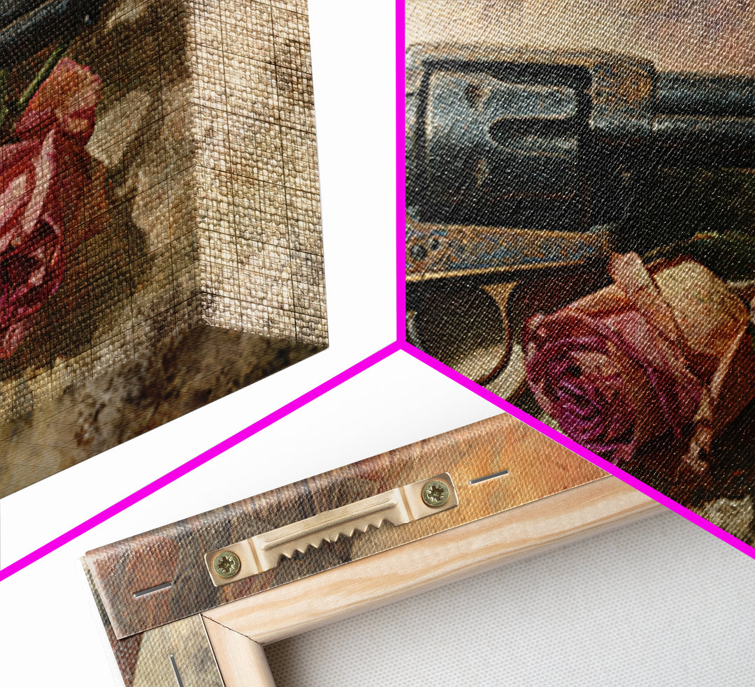 Old Revolver and Roses Framed Canvas Print, Western Art, Oil Painting, Southwestern Decor, Frontier, Digital Download Art, WES-3x2-47