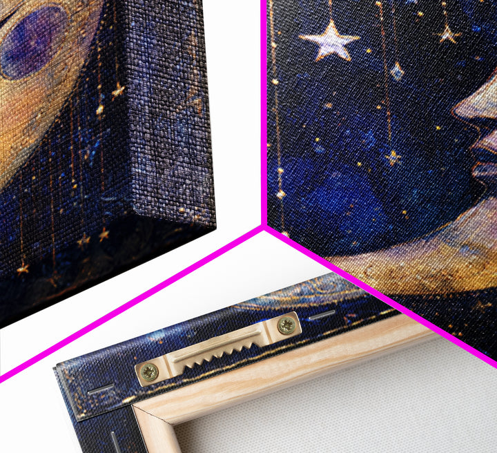 Moon with Sleeping Face and Dangling Stars Framed Canvas Print, Whimsical Art, Printable Art, Living Room Decor, Wonder, WHI-1x1-16