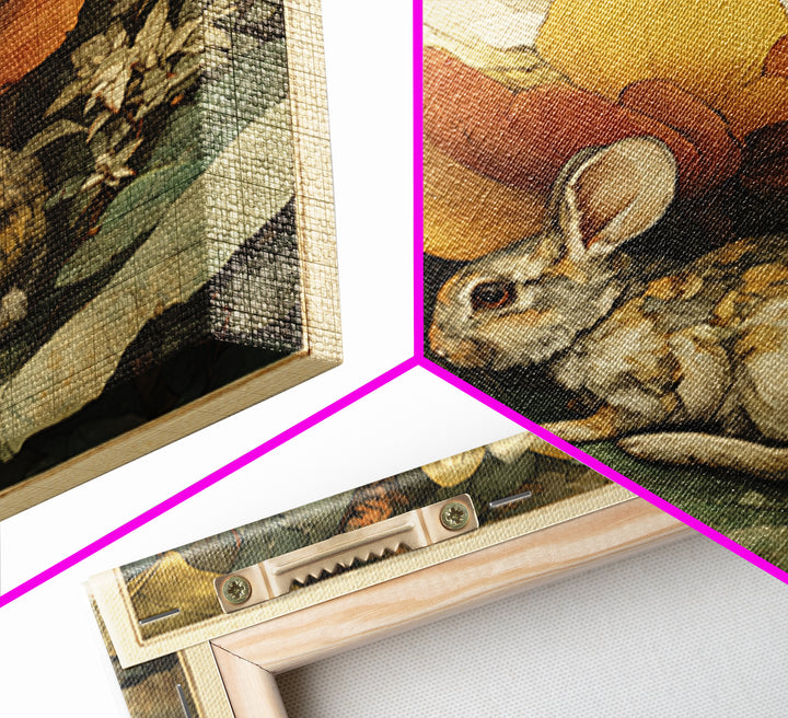 Rabbit Reading Beneath a Giant Flower Framed Canvas Print, Whimsical Art, Textured Painting, Living Room Decor, Wonder, WHI-1x1-29
