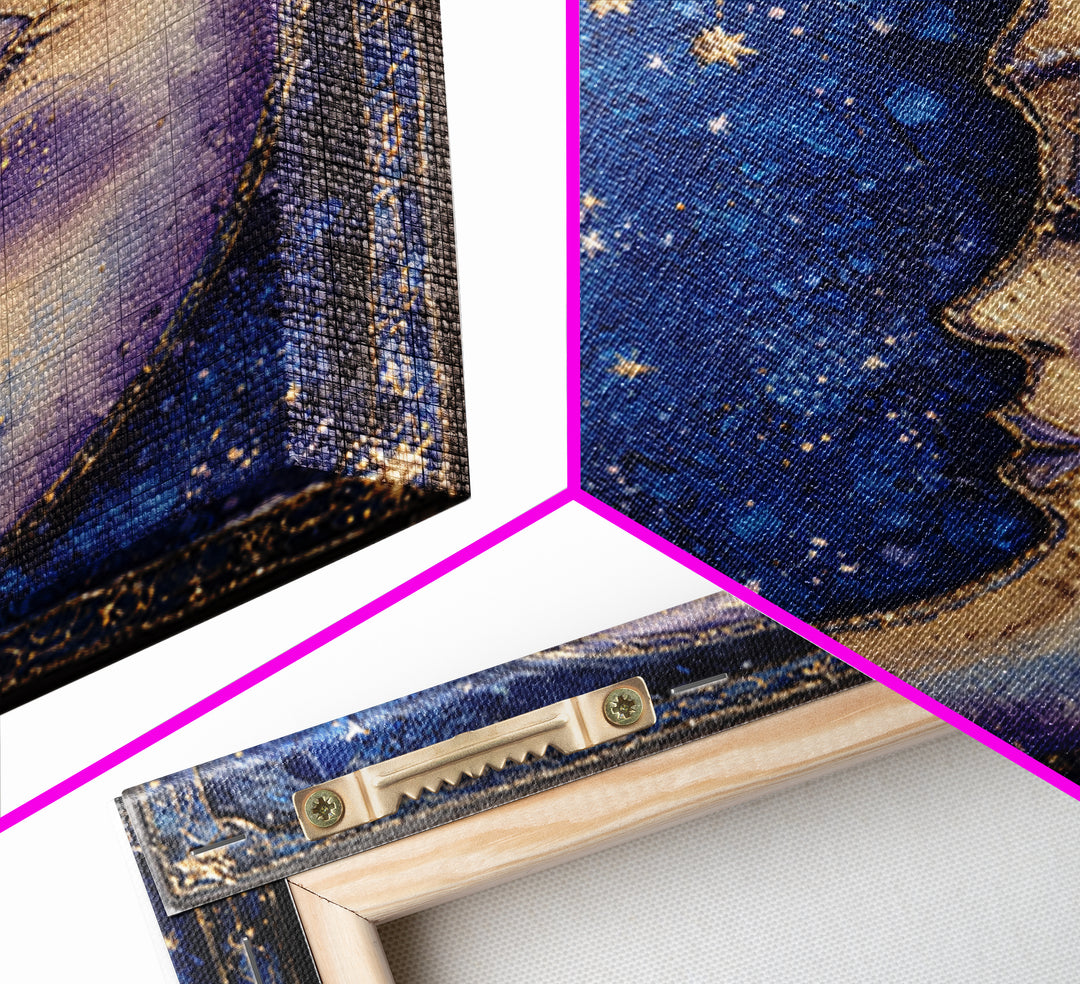 Moon with Sleeping Face and Dangling Stars Framed Canvas Print, Whimsical Art, Room Decor, Living Room Decor, Oil Painting, WHI-1x1-40