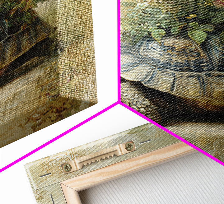 Turtle with Garden Growing on Shell Framed Canvas Print, Whimsical Art, Nursery Art, Living Room Decor, Oil Painting, Wonder, WHI-1x1-46