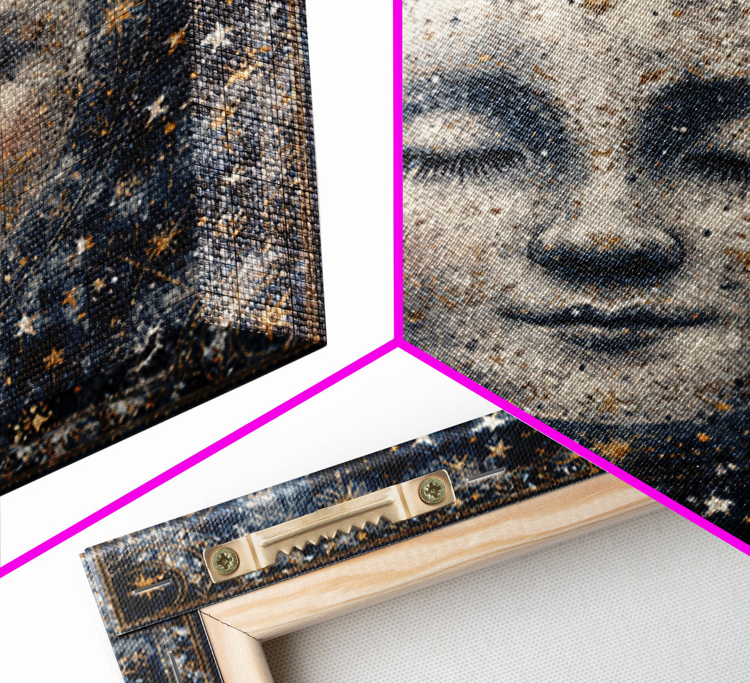 Moon with Sleeping Face and Dangling Stars Framed Canvas Print, Whimsical Art, Living Room Decor, Wonder, Gallery Decor, WHI-1x1-64