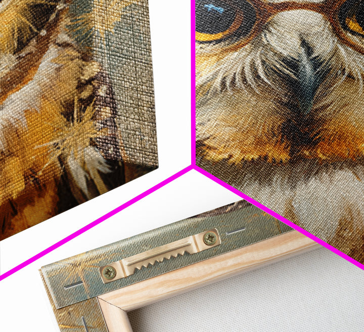 Owl Wearing Spectacles Among Stars Framed Canvas Print, Whimsical Art, Statement Artwork, Living Room Decor, Fine Art, Wonder, WHI-1x1-78