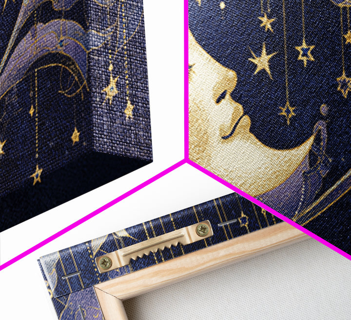 Moon with Sleeping Face and Dangling Stars Framed Canvas Print, Whimsical Art, Room Decor, Living Room Decor, Oil Painting, WHI-2x1-12