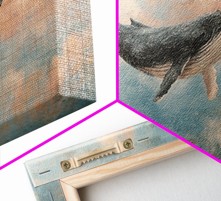 Whale Flying Through Clouds Like Ocean Framed Canvas Print, Whimsical Art, Art Print, Living Room Decor, Fine Art, Wonder, WHI-2x1-33