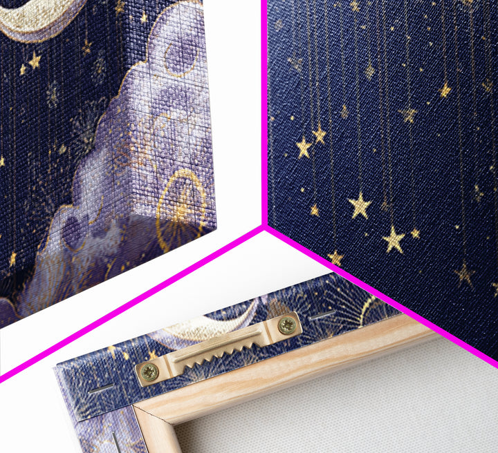 Moon with Sleeping Face and Dangling Stars Canvas Print, Whimsical Art, Home Decor, Living Room Decor, Fine Art, Wonder, WHI-2x1-36