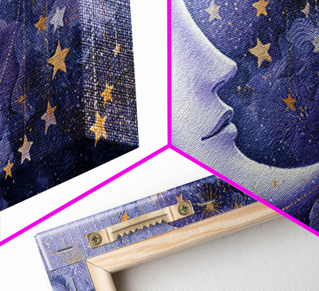 Moon with Sleeping Face and Dangling Stars Framed Canvas Print, Whimsical Art, Living Room Decor, Wonder, Gallery Decor, WHI-2x1-84