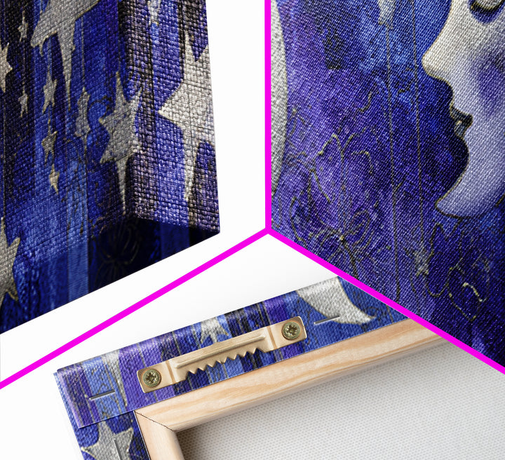 Moon with Sleeping Face and Dangling Stars Framed Canvas Print, Whimsical Art, Watercolor Art, Living Room Decor, Wonder, WHI-3x1-32