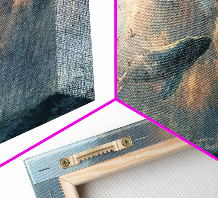 Whale Flying Through Clouds Like Ocean Framed Canvas Print, Whimsical Art, Printable Art, Living Room Decor, Watercolor Art, WHI-3x1-5