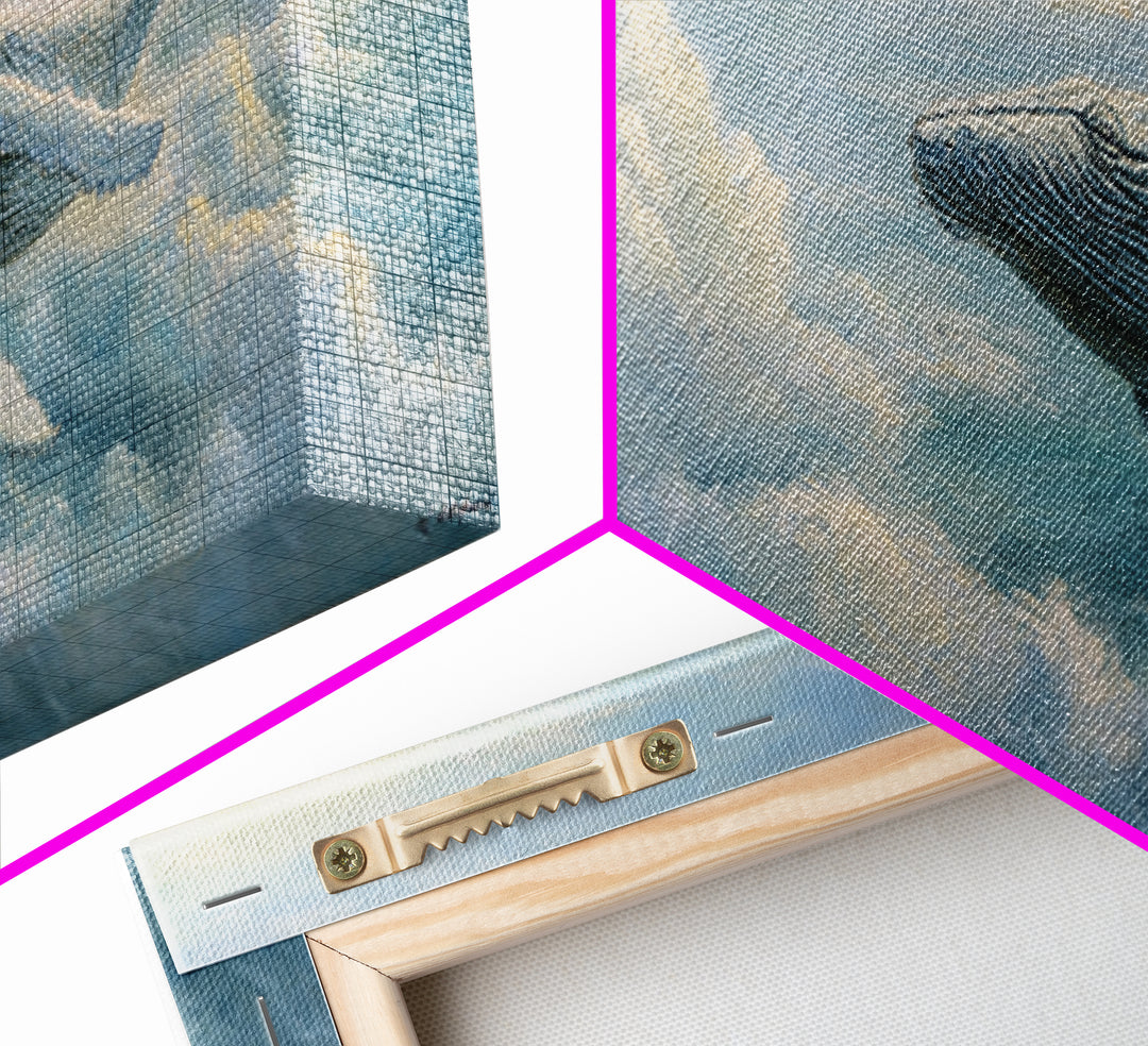 Whale Flying Through Clouds Like Ocean Framed Canvas Print, Whimsical Art, Nursery Art, Living Room Decor, Oil Painting, Wonder, WHI-3x1-53
