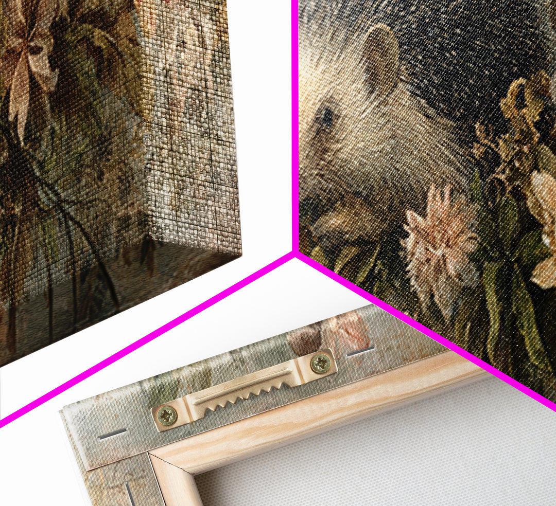 Hedgehog Carrying Wildflowers Framed Canvas Print, Whimsical Art, Prints, Living Room Decor, Oil Painting, Wonder, WHI-3x1-55
